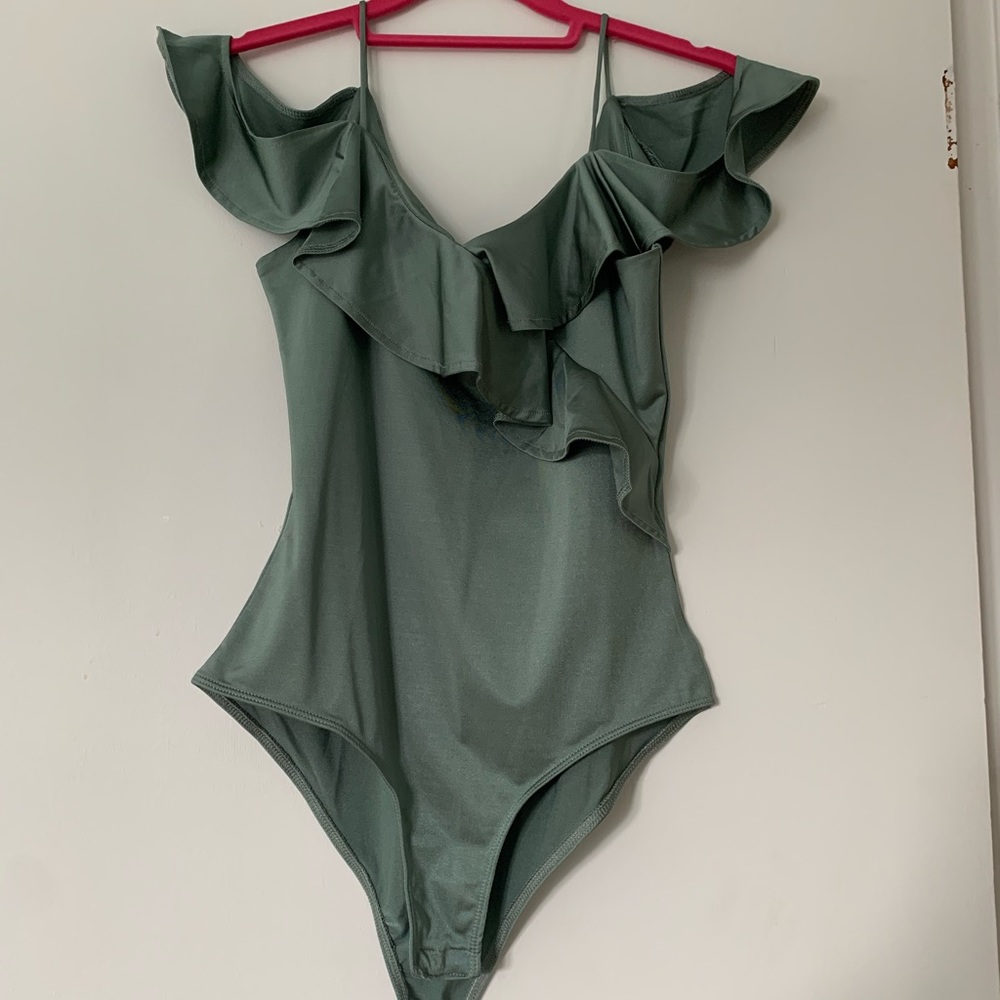 Shiny green cold shoulder body suit